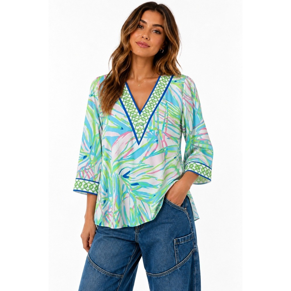 Lilly Pulitzer Port Tunic Top Women Medium Blue Abstract Tropical Resortwear